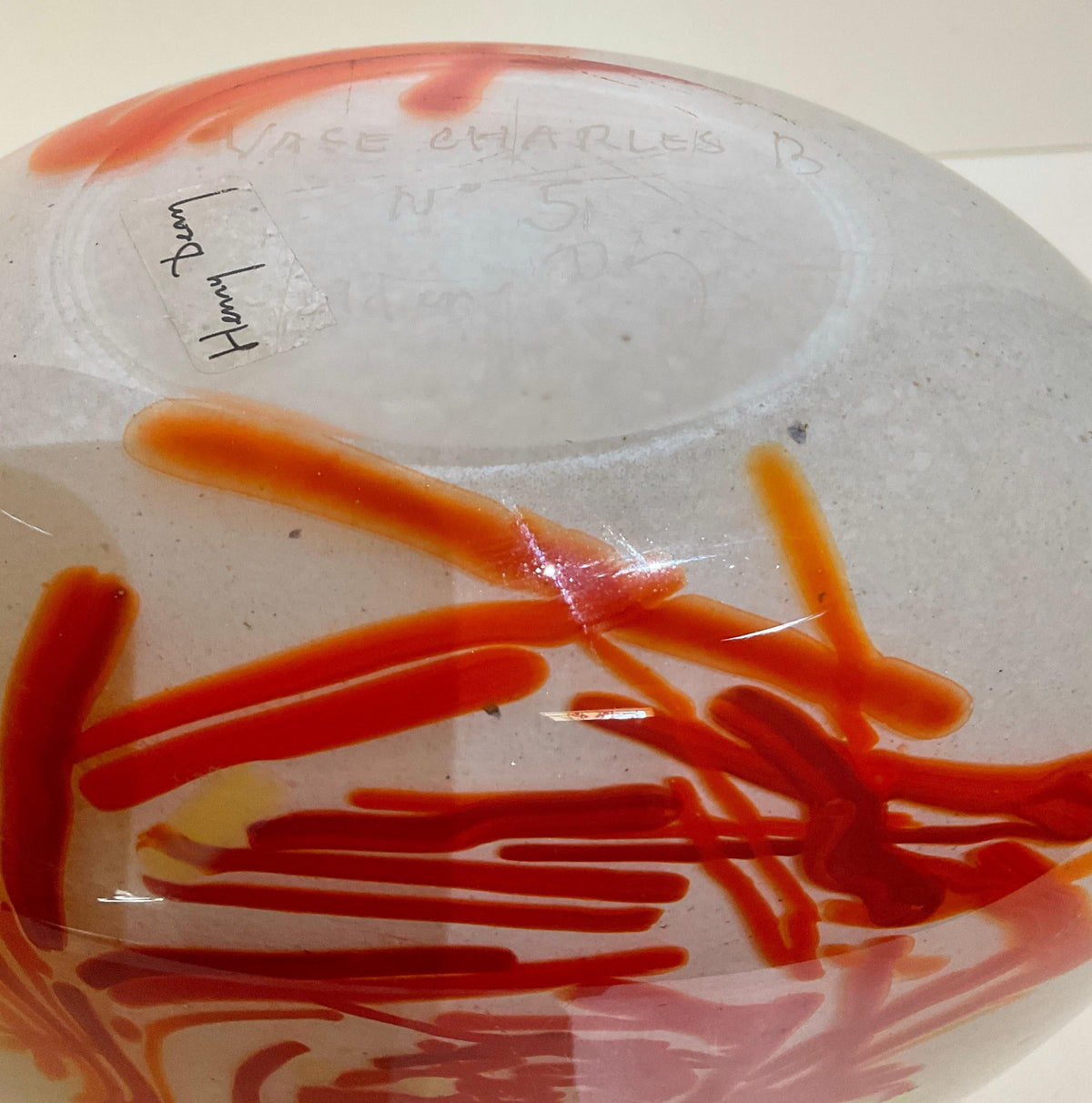 French Art Glass Vase, Signed Red Yellow White — detail 4