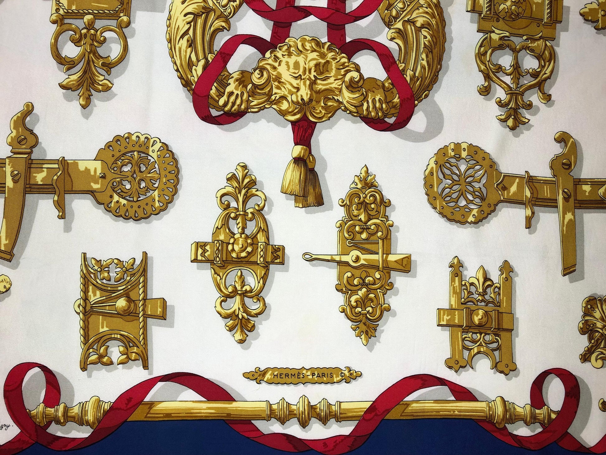 Elegant Vintage Hermes Scarf, Navy Red & Gold by Caty de Savigny — detail 2