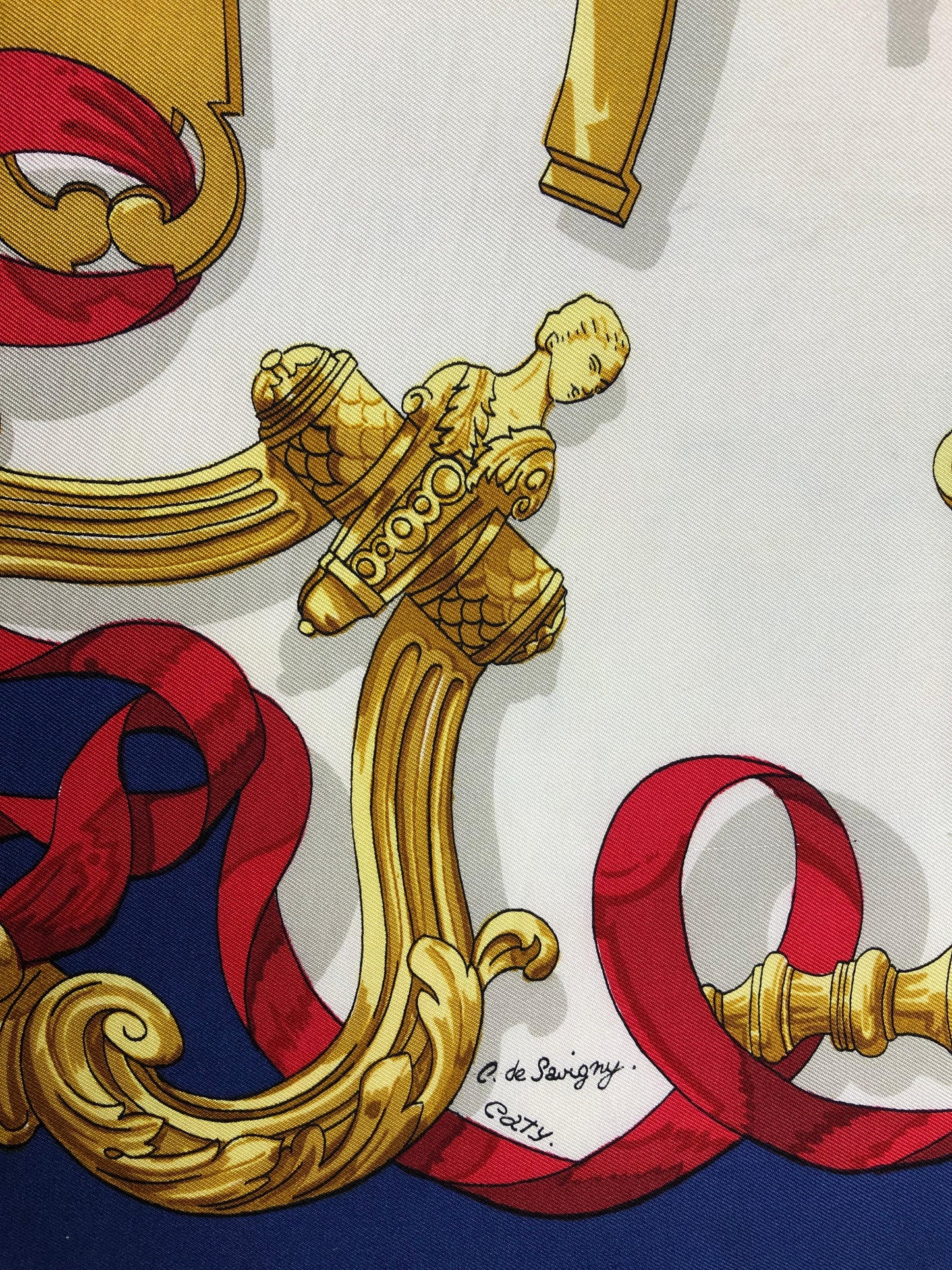 Elegant Vintage Hermes Scarf, Navy Red & Gold by Caty de Savigny — detail 4