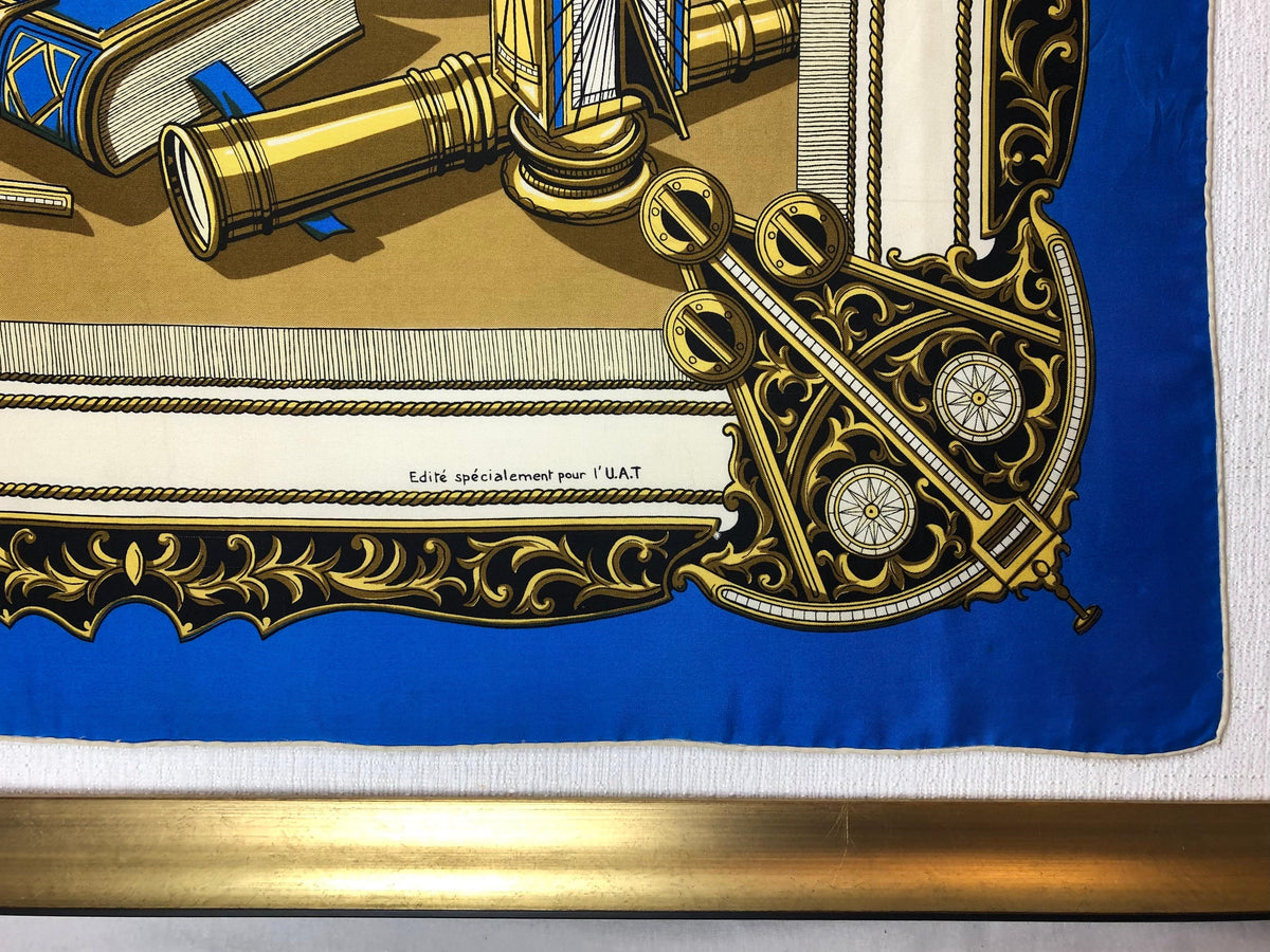 Vintage Framed Hermes Style Scarf Wall Art, Navy, Gold & Blue Sailboat — detail 4