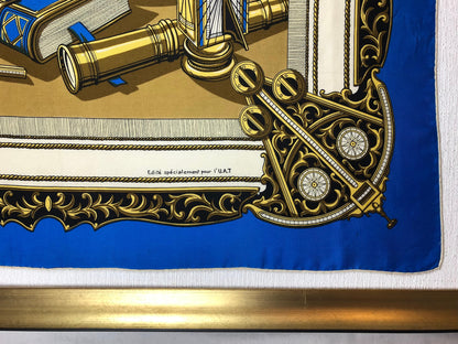 Vintage Framed Hermes Style Scarf Wall Art, Navy, Gold & Blue Sailboat — detail 4