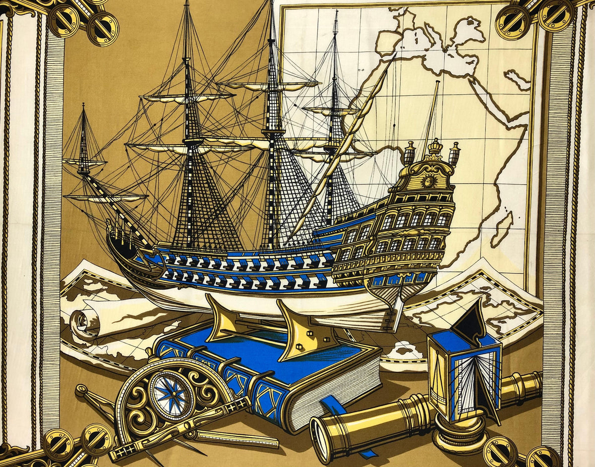 Vintage Framed Hermes Style Scarf Wall Art, Navy, Gold & Blue Sailboat — detail 3