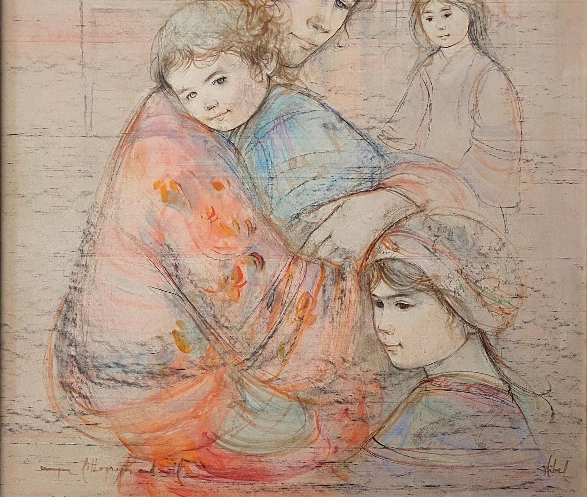 Edna Hibel Color Lithograph and Oil Embellished Mother and Children — detail 4