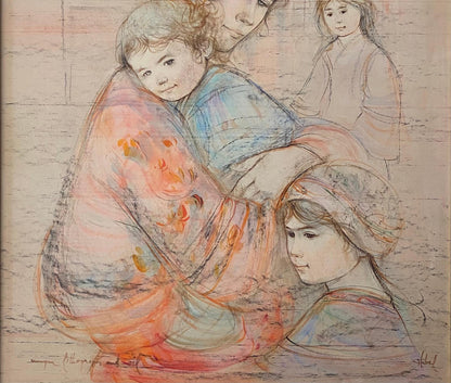 Edna Hibel Color Lithograph and Oil Embellished Mother and Children — detail 4