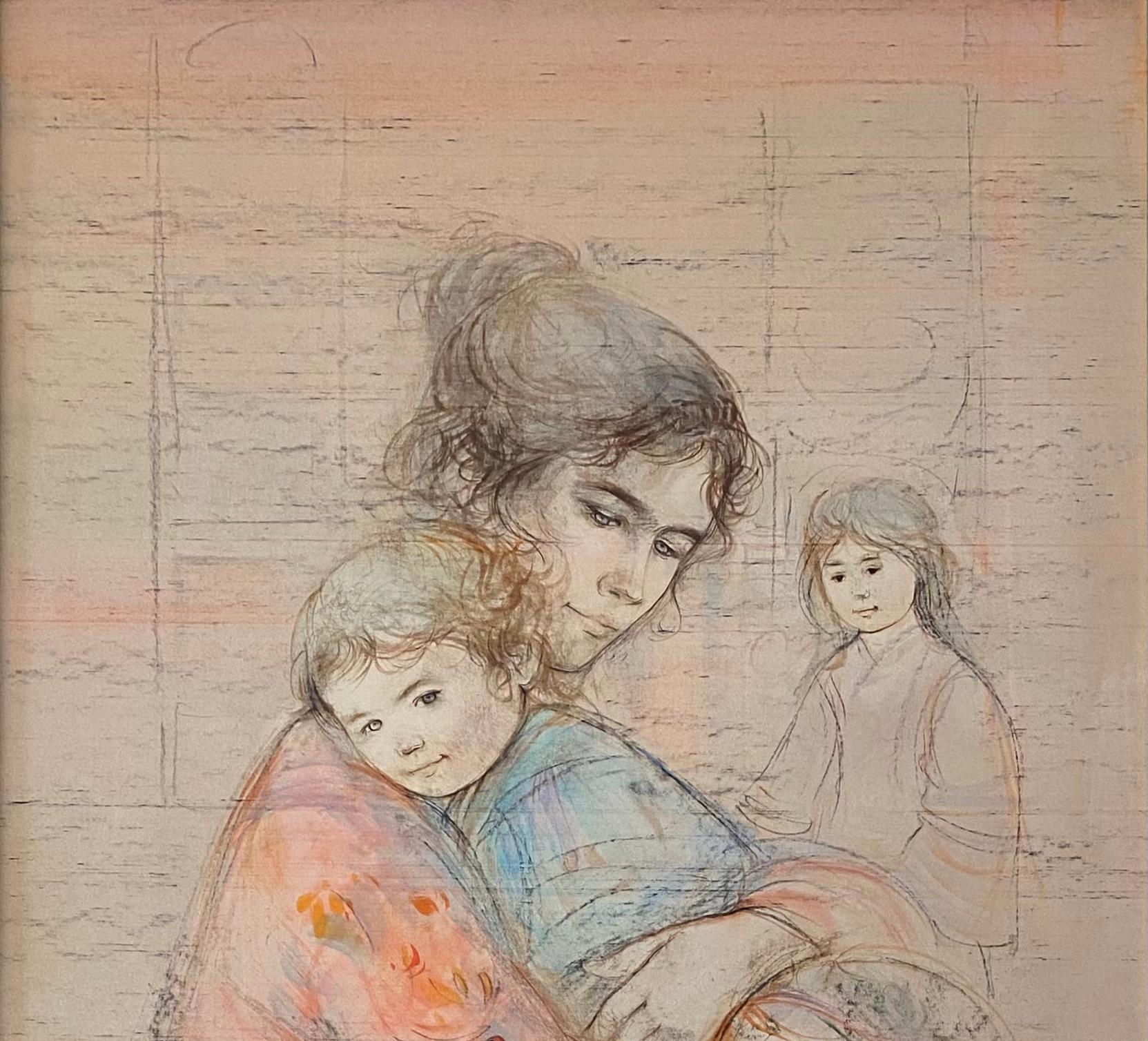 Edna Hibel Color Lithograph and Oil Embellished Mother and Children — detail 5