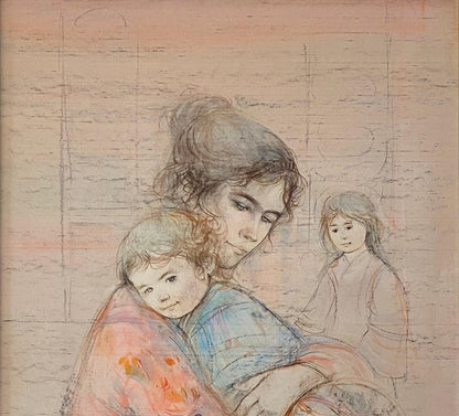 Edna Hibel Color Lithograph and Oil Embellished Mother and Children — detail 5