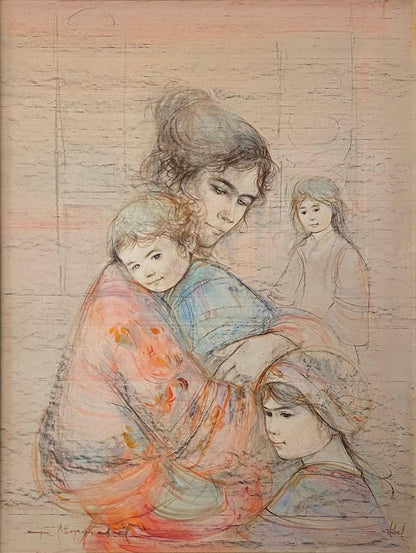 Edna Hibel Color Lithograph and Oil Embellished Mother and Children — detail 6