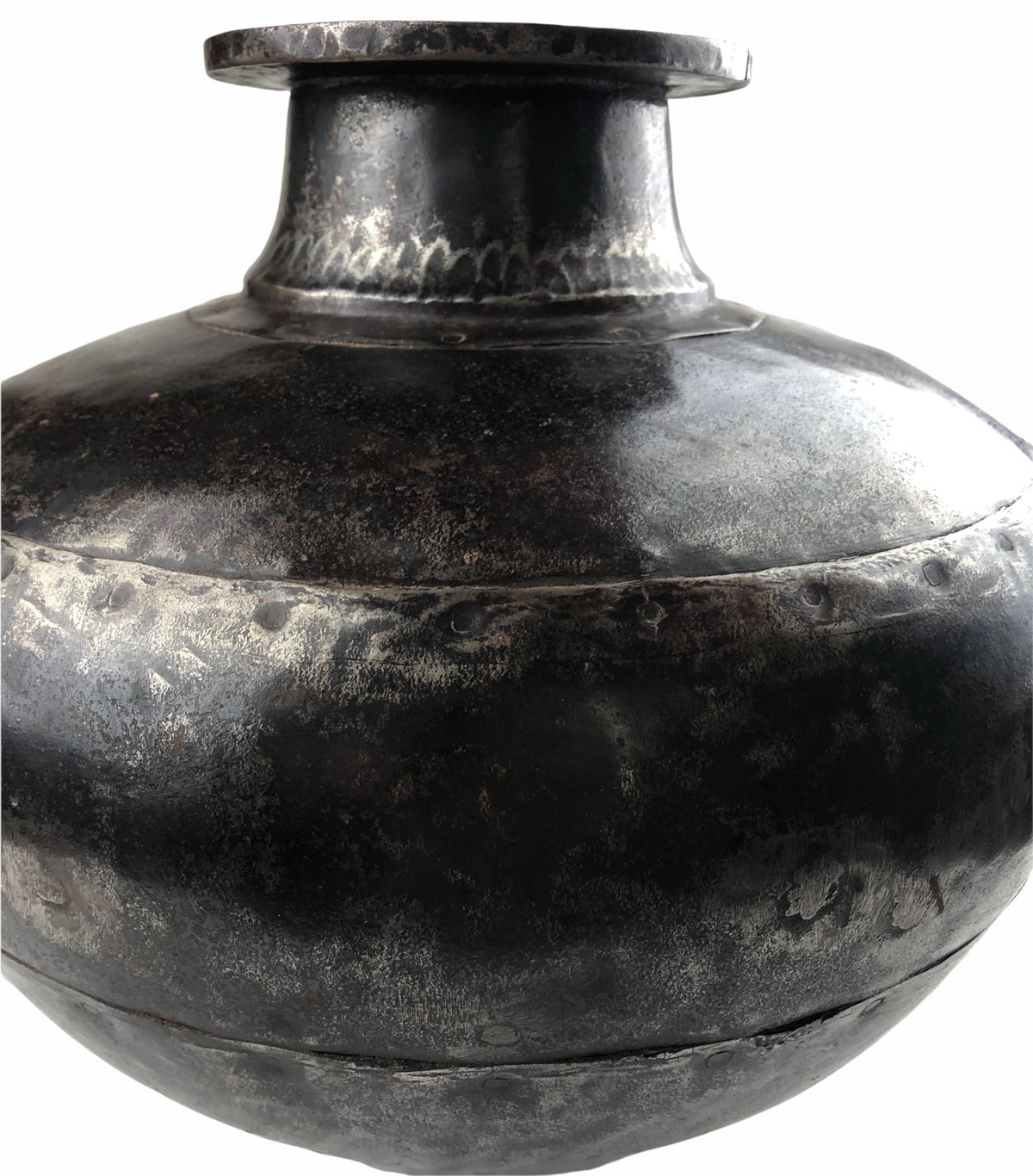 Polished Vintage Indian Metal Vase or Pot with Weathered Patina — detail 4