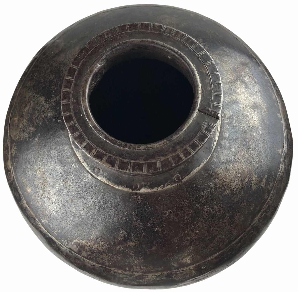 Polished Vintage Indian Metal Vase or Pot with Weathered Patina — detail 2