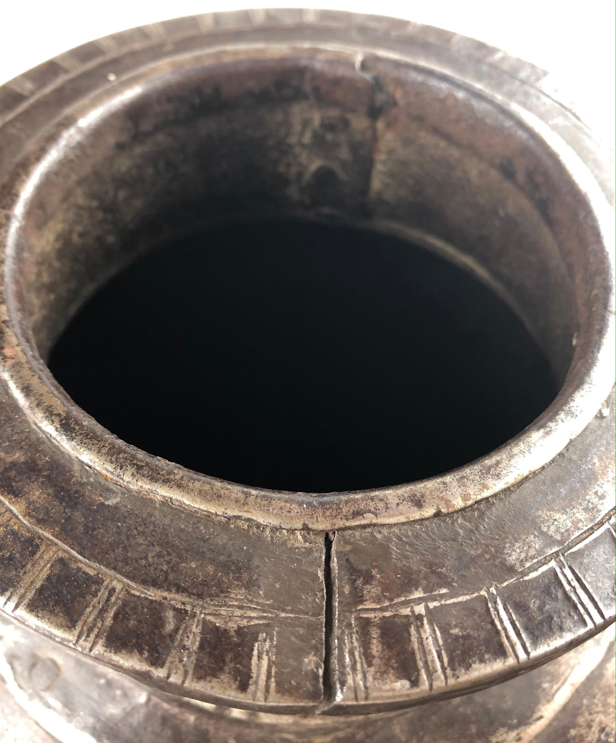 Polished Vintage Indian Metal Vase or Pot with Weathered Patina — detail 3