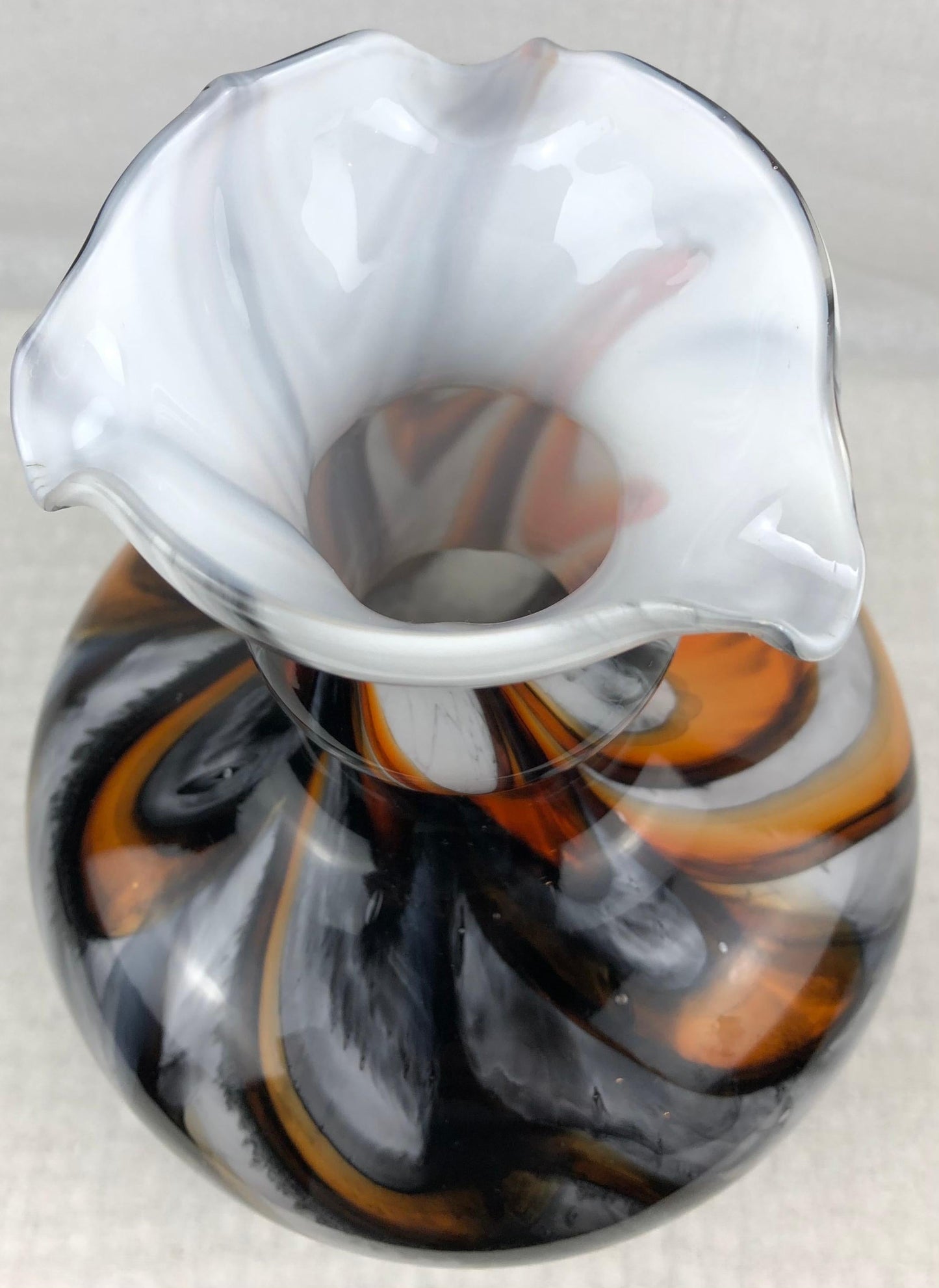 Murano Art Glass Vase with Swirl Designs, Brown White Orange — detail 3