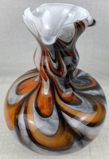 Murano Art Glass Vase with Swirl Designs, Brown White Orange — detail 4