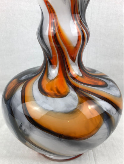 Murano Art Glass Vase with Swirl Designs, Brown White Orange — detail 6