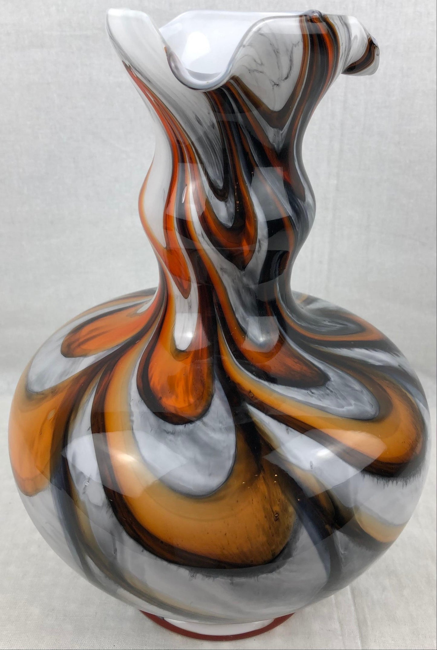 Murano Art Glass Vase with Swirl Designs, Brown White Orange — detail 7