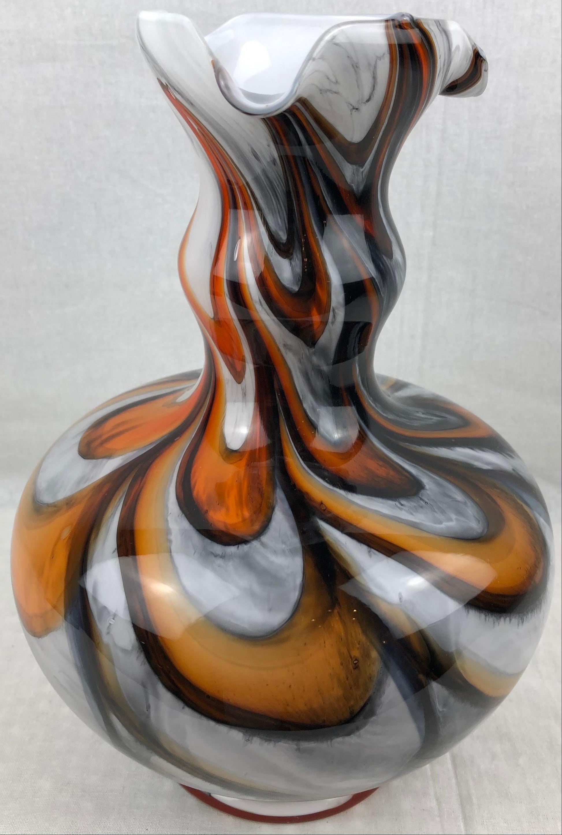 Murano Art Glass Vase with Swirl Designs, Brown White Orange — detail 7