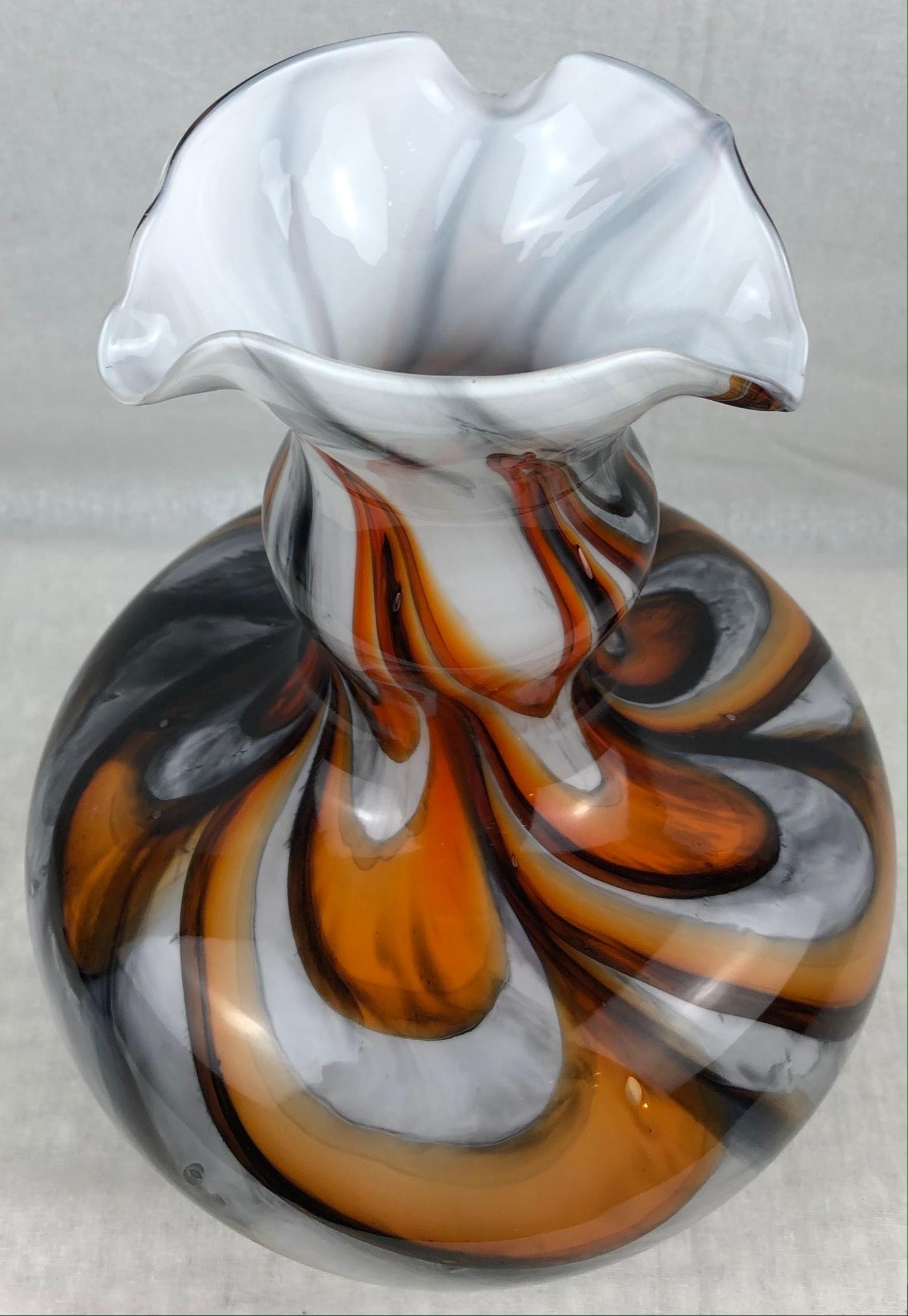 Murano Art Glass Vase with Swirl Designs, Brown White Orange — detail 8