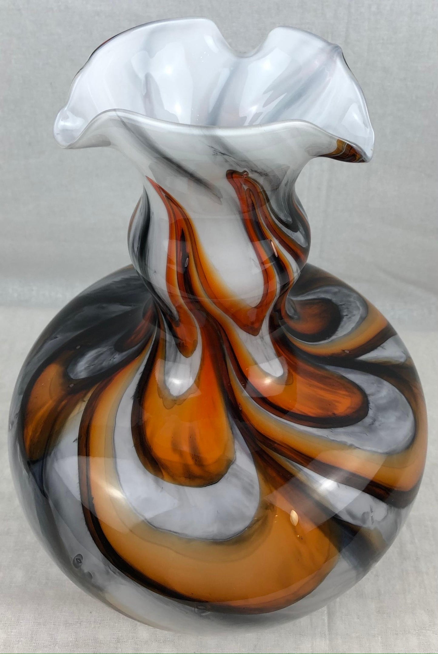 Murano Art Glass Vase with Swirl Designs, Brown White Orange — detail 9
