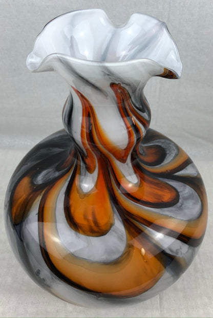 Murano Art Glass Vase with Swirl Designs, Brown White Orange — detail 9