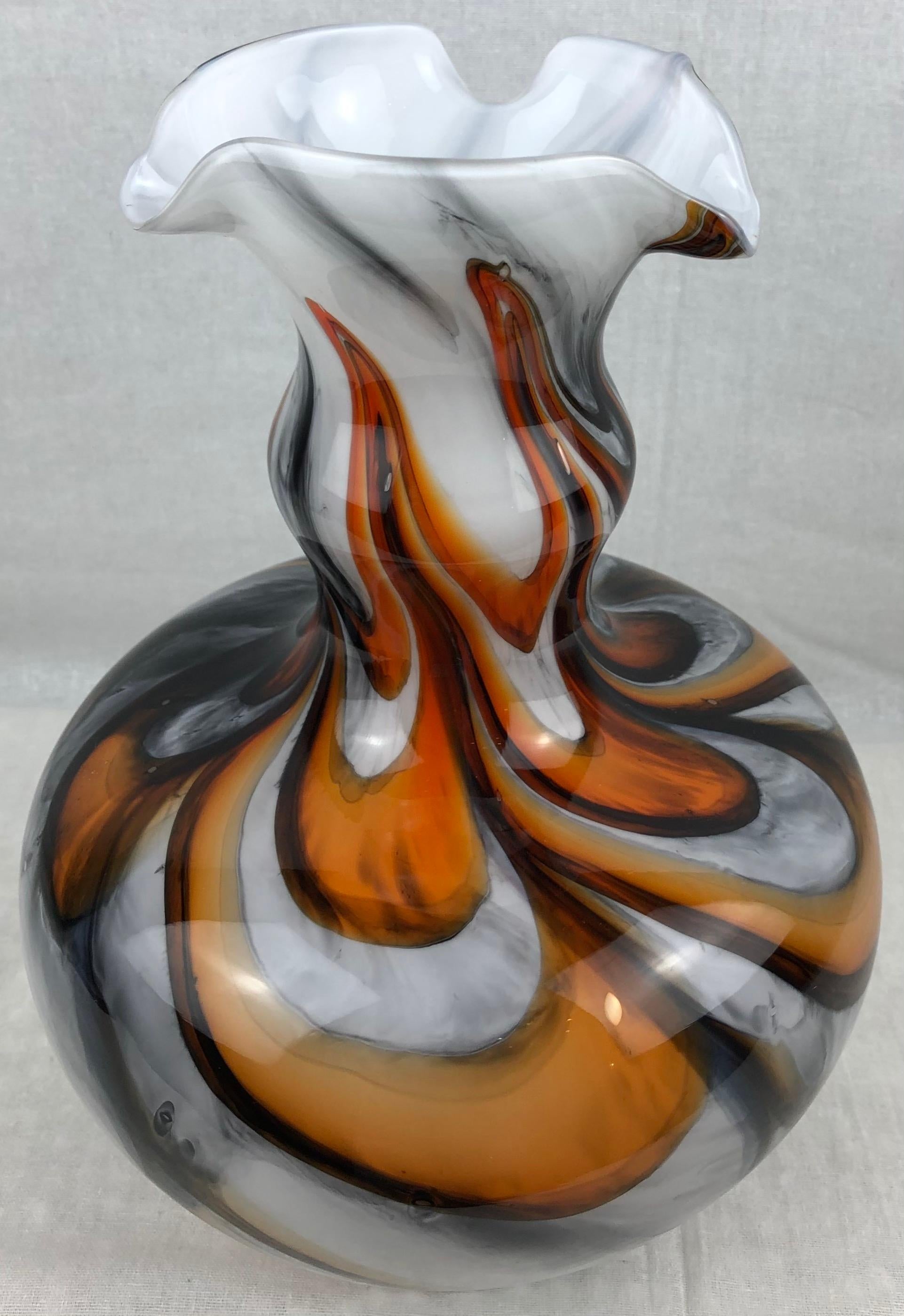 Murano Art Glass Vase with Swirl Designs, Brown White Orange — detail 10