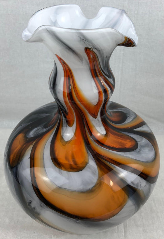 Murano Art Glass Vase with Swirl Designs, Brown White Orange — detail 2