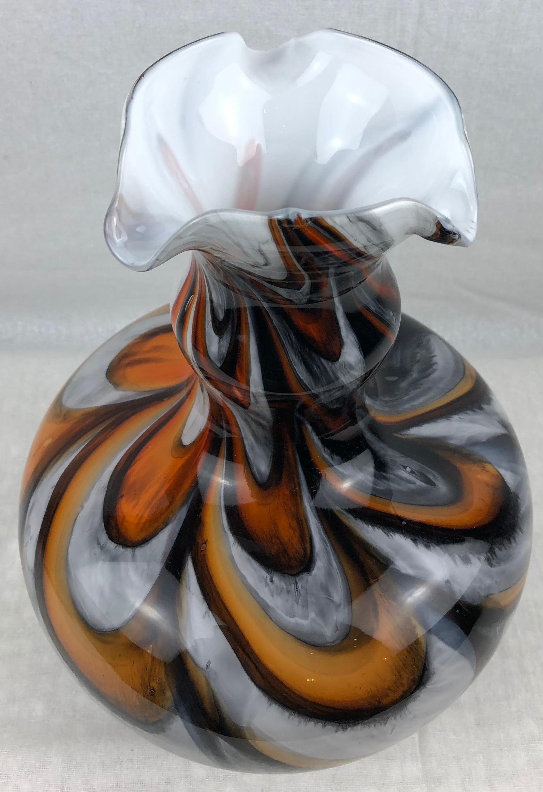 Murano Art Glass Vase with Swirl Designs, Brown White Orange — detail 11
