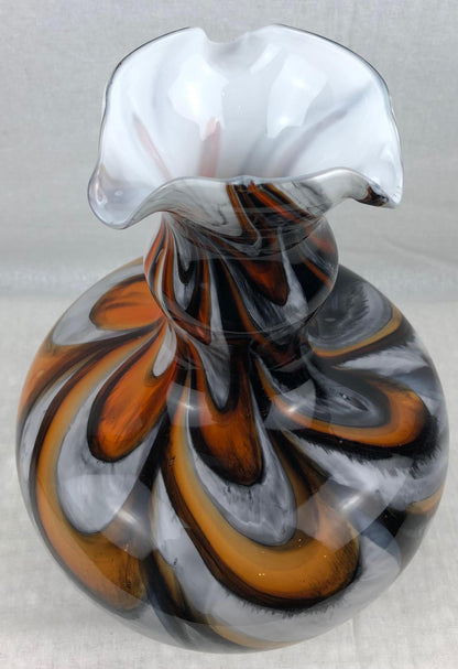 Murano Art Glass Vase with Swirl Designs, Brown White Orange — detail 11