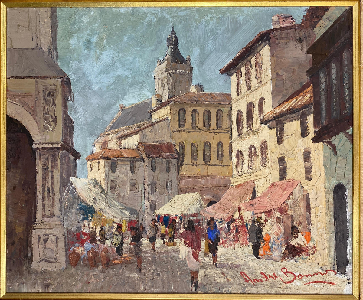French Village Street Scene Oil on Canvas Painting, Busy Street in France — detail 2