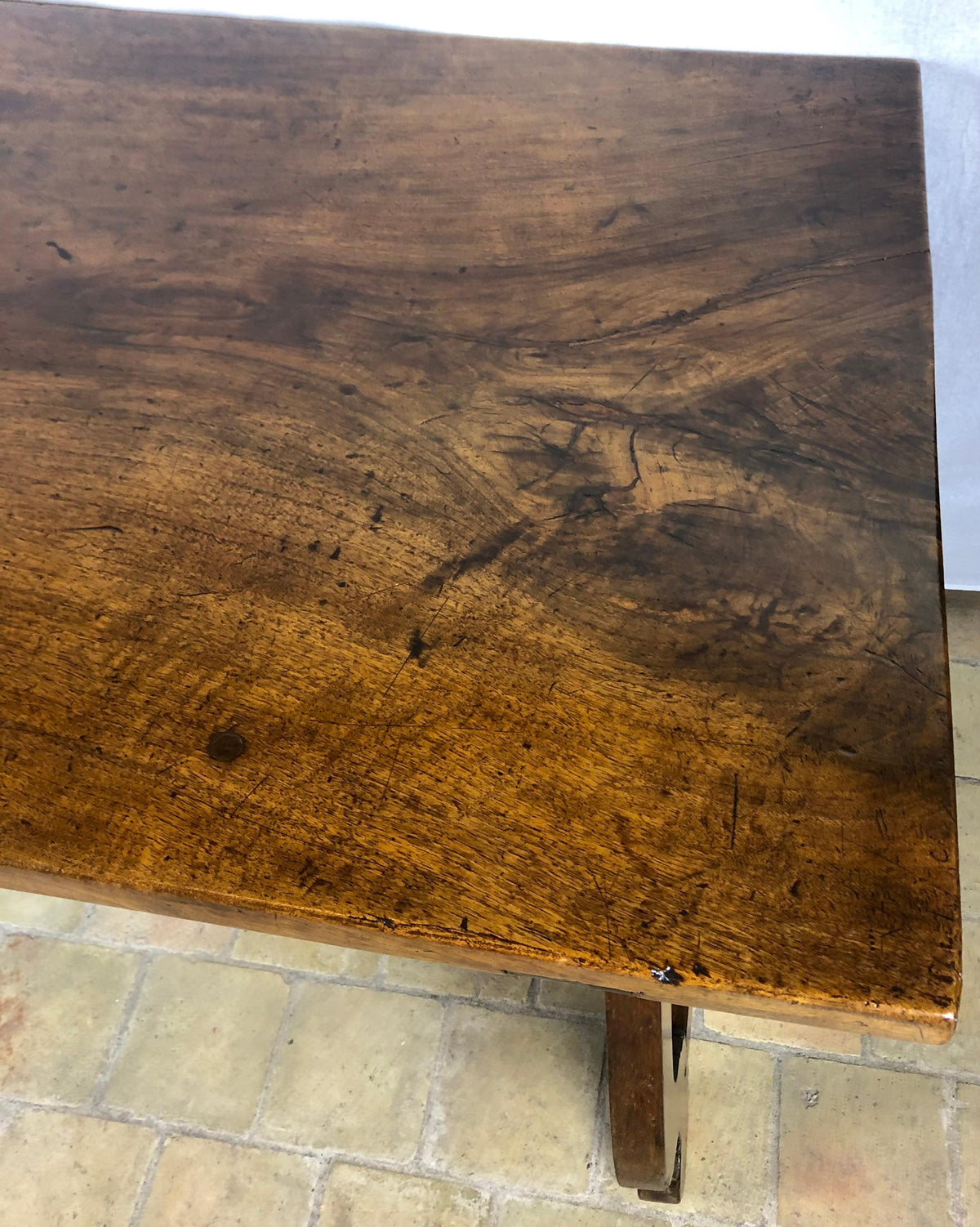 Italian 18th Century Trestle Console or Rustic European Walnut Center Table — detail 10
