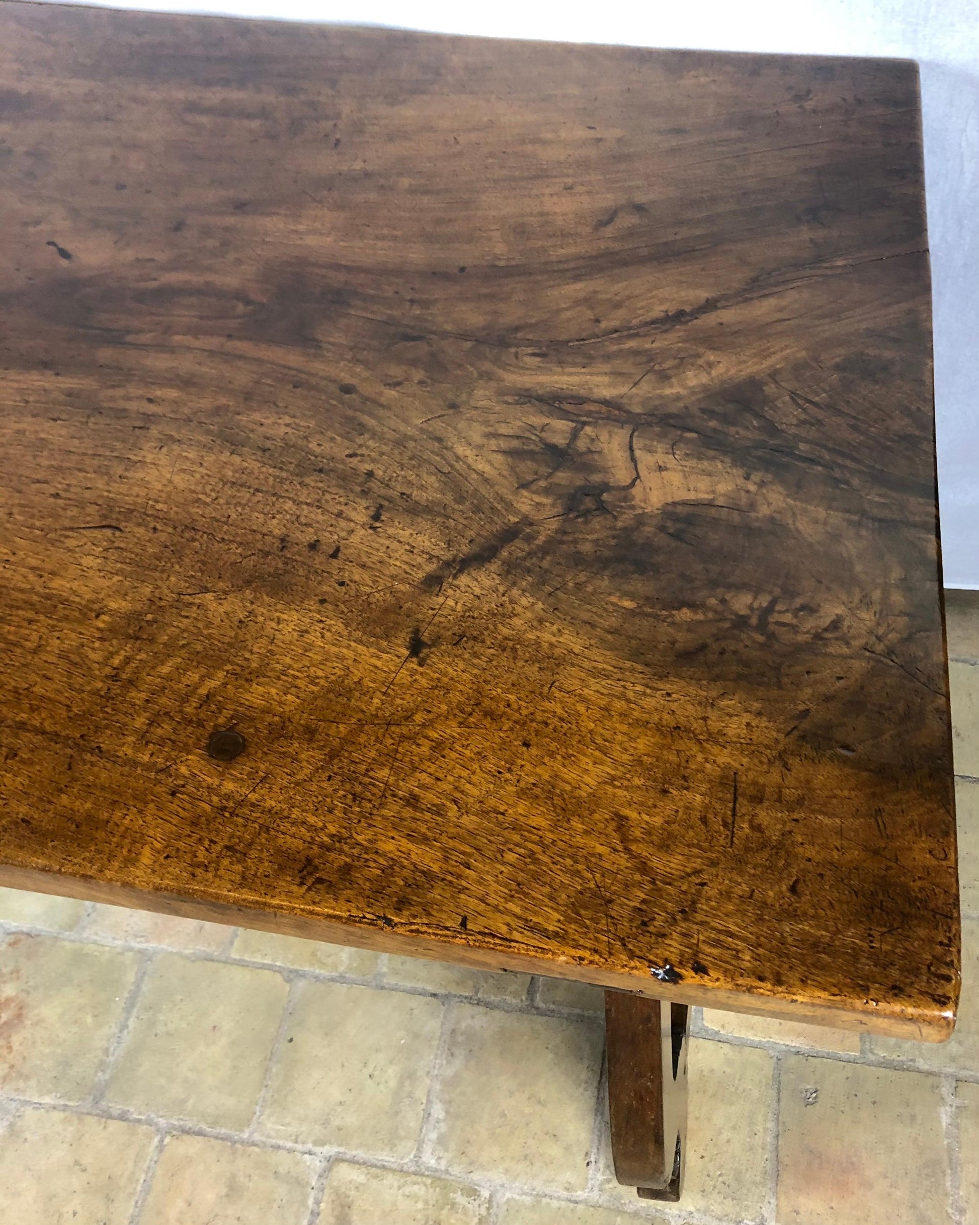 Italian 18th Century Trestle Console or Rustic European Walnut Center Table — detail 10