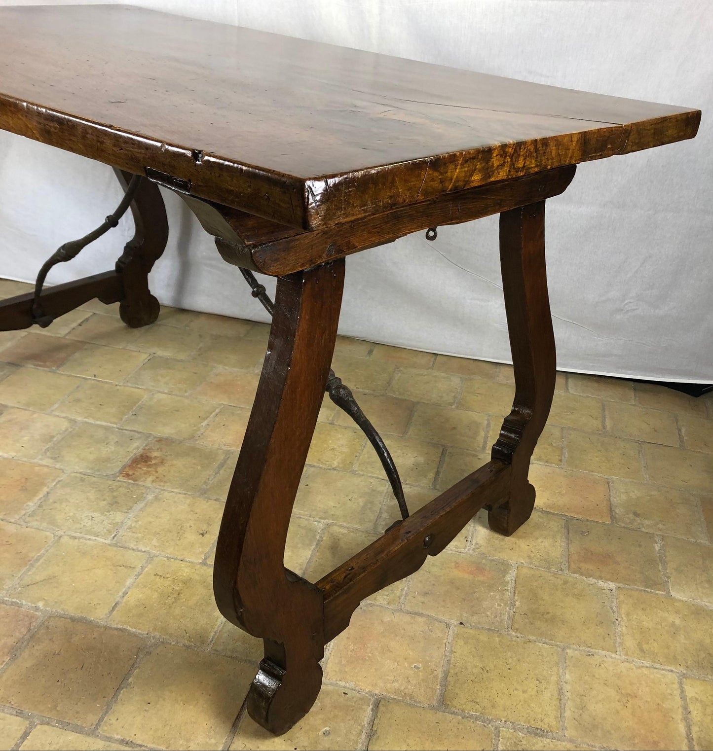 Italian 18th Century Trestle Console or Rustic European Walnut Center Table — detail 2