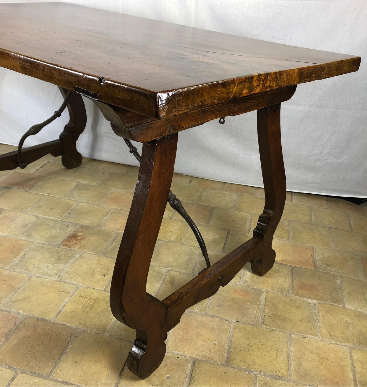 Italian 18th Century Trestle Console or Rustic European Walnut Center Table — detail 2