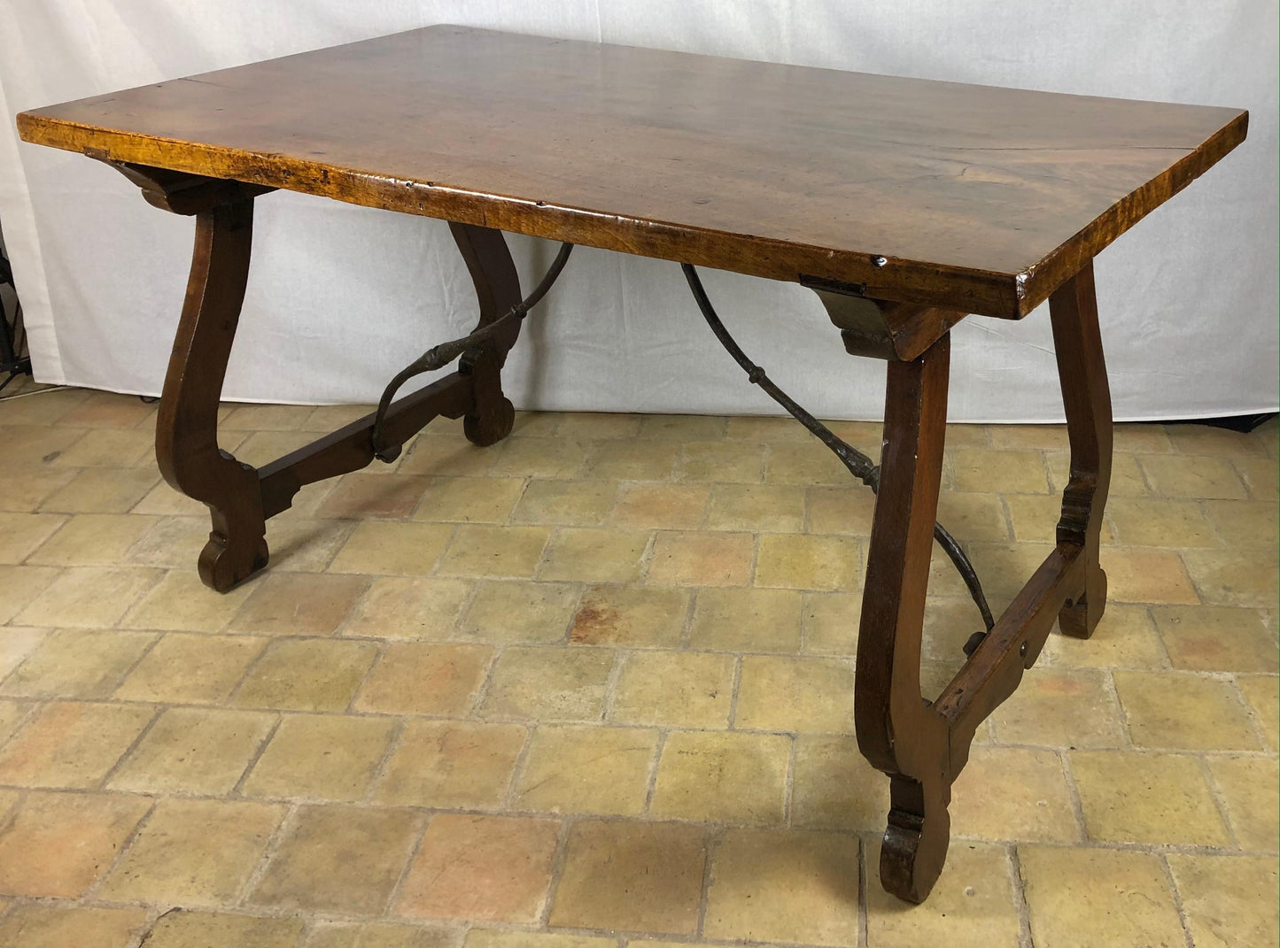 Italian 18th Century Trestle Console or Rustic European Walnut Center Table — detail 3