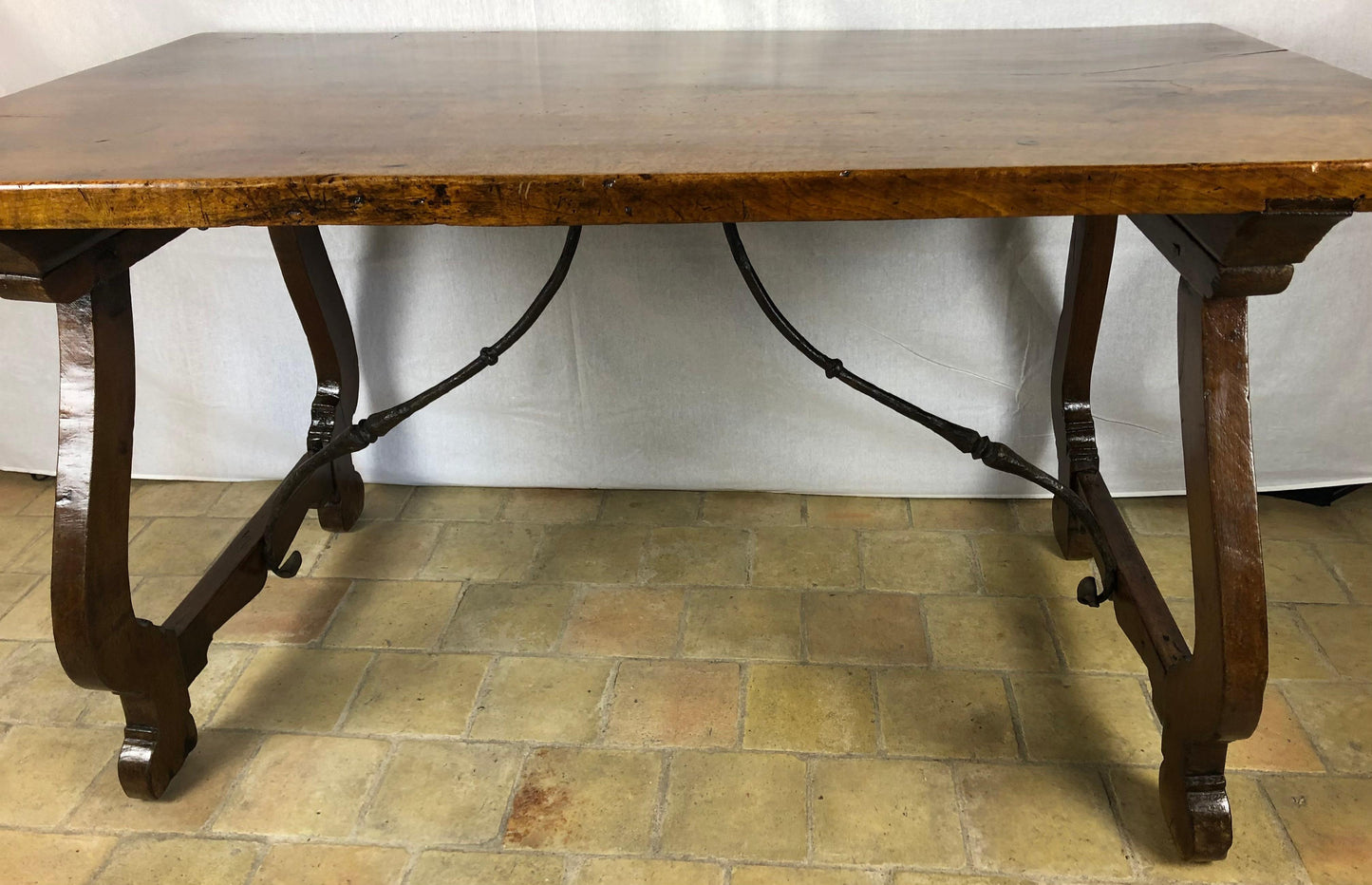 Italian 18th Century Trestle Console or Rustic European Walnut Center Table — detail 7