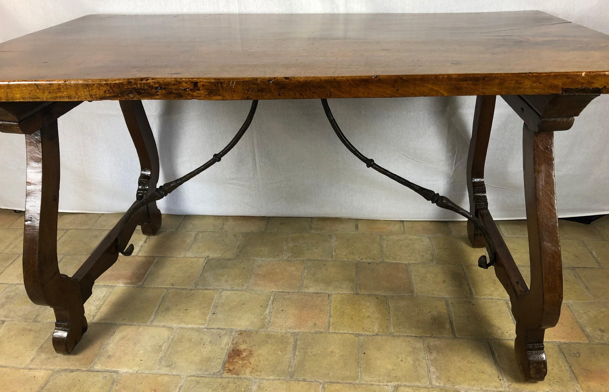 Italian 18th Century Trestle Console or Rustic European Walnut Center Table — detail 7
