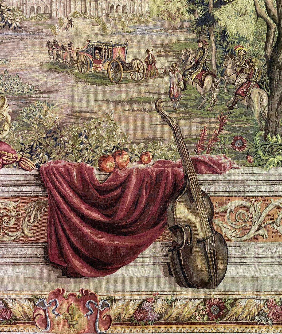 French Château Landscape Jacquard Woven Tapestry with Carriage & Courtly Scene — detail 6