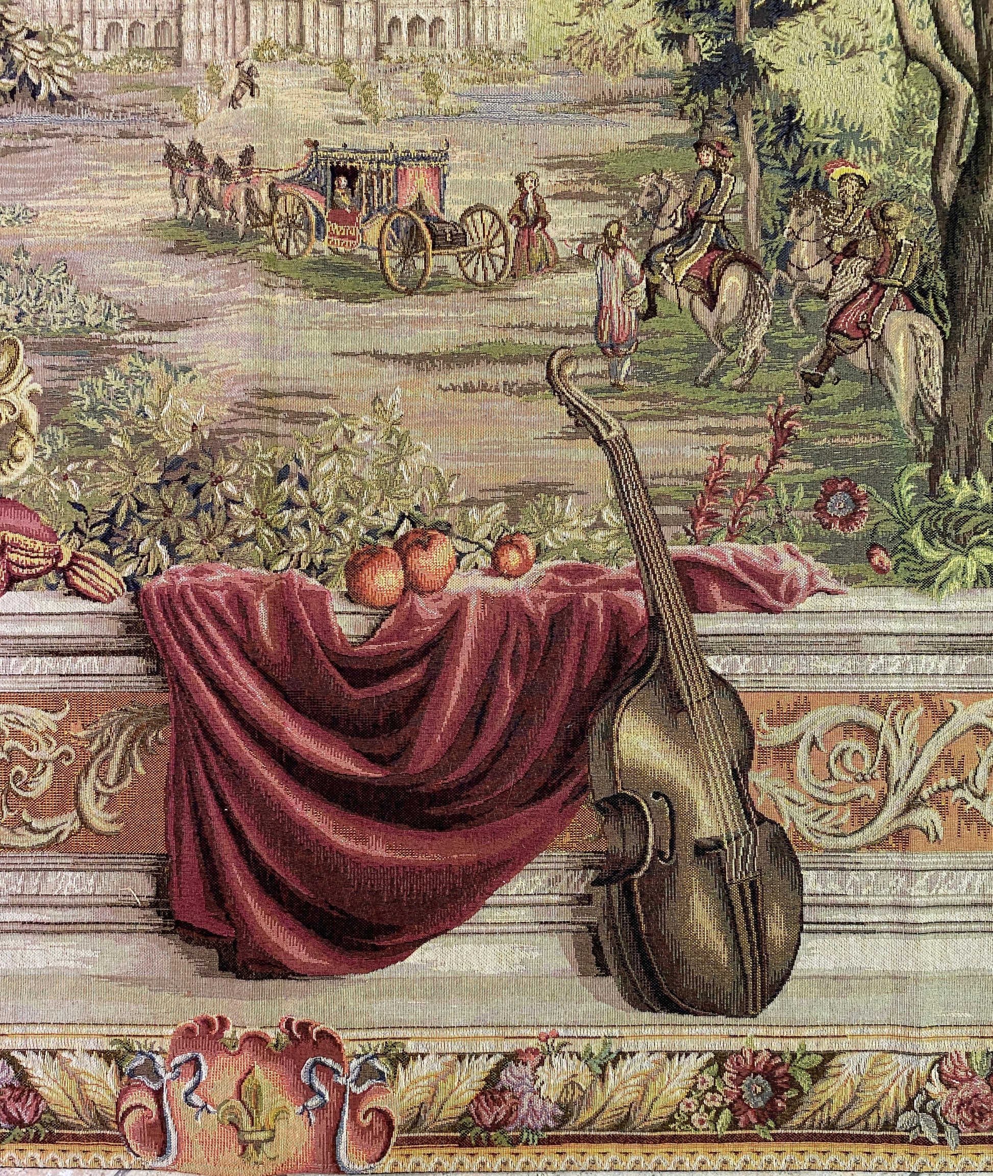 French Château Landscape Jacquard Woven Tapestry with Carriage & Courtly Scene — detail 6