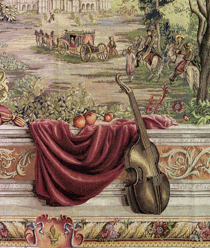French Château Landscape Jacquard Woven Tapestry with Carriage & Courtly Scene — detail 6