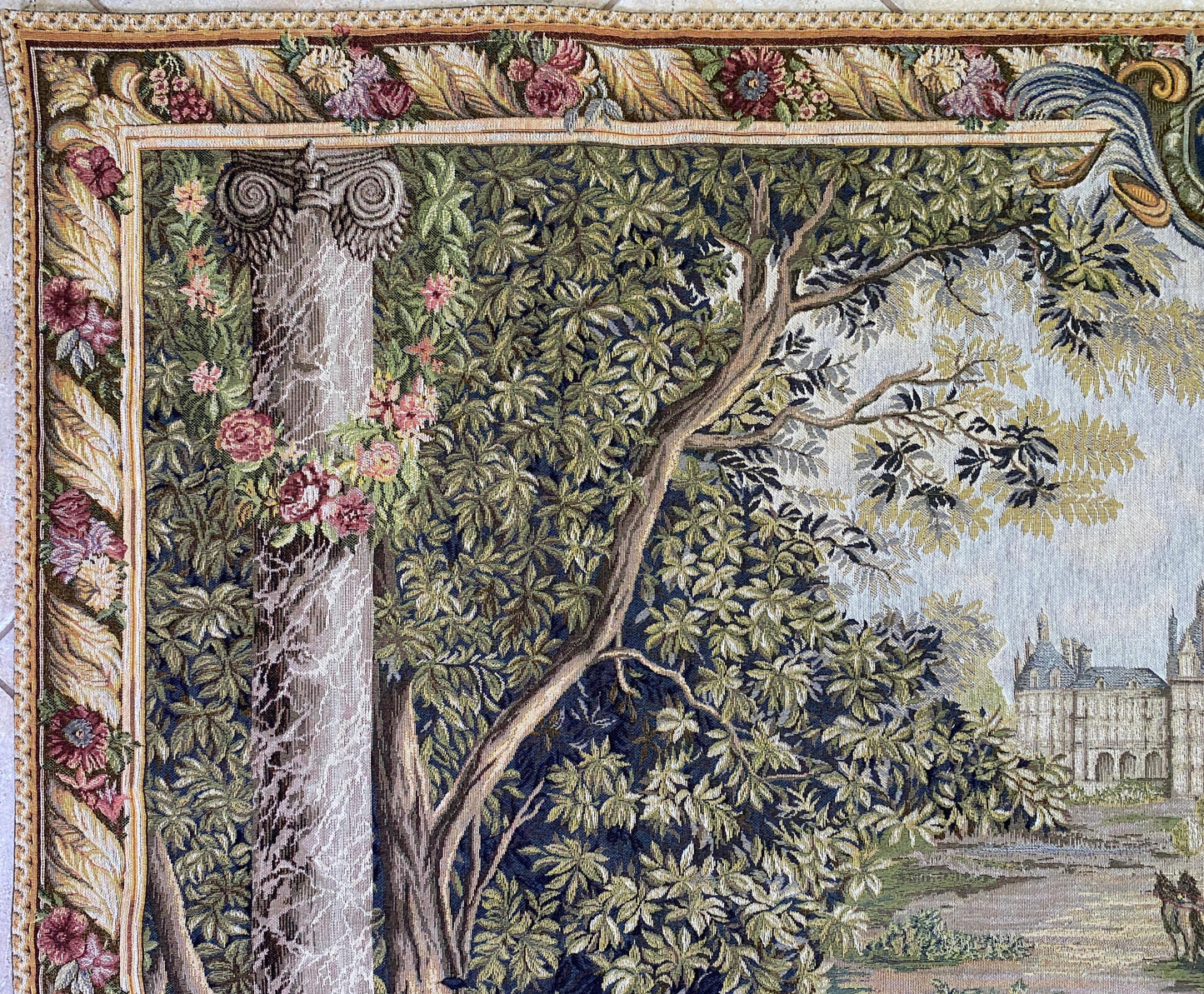French Château Landscape Jacquard Woven Tapestry with Carriage & Courtly Scene — detail 2
