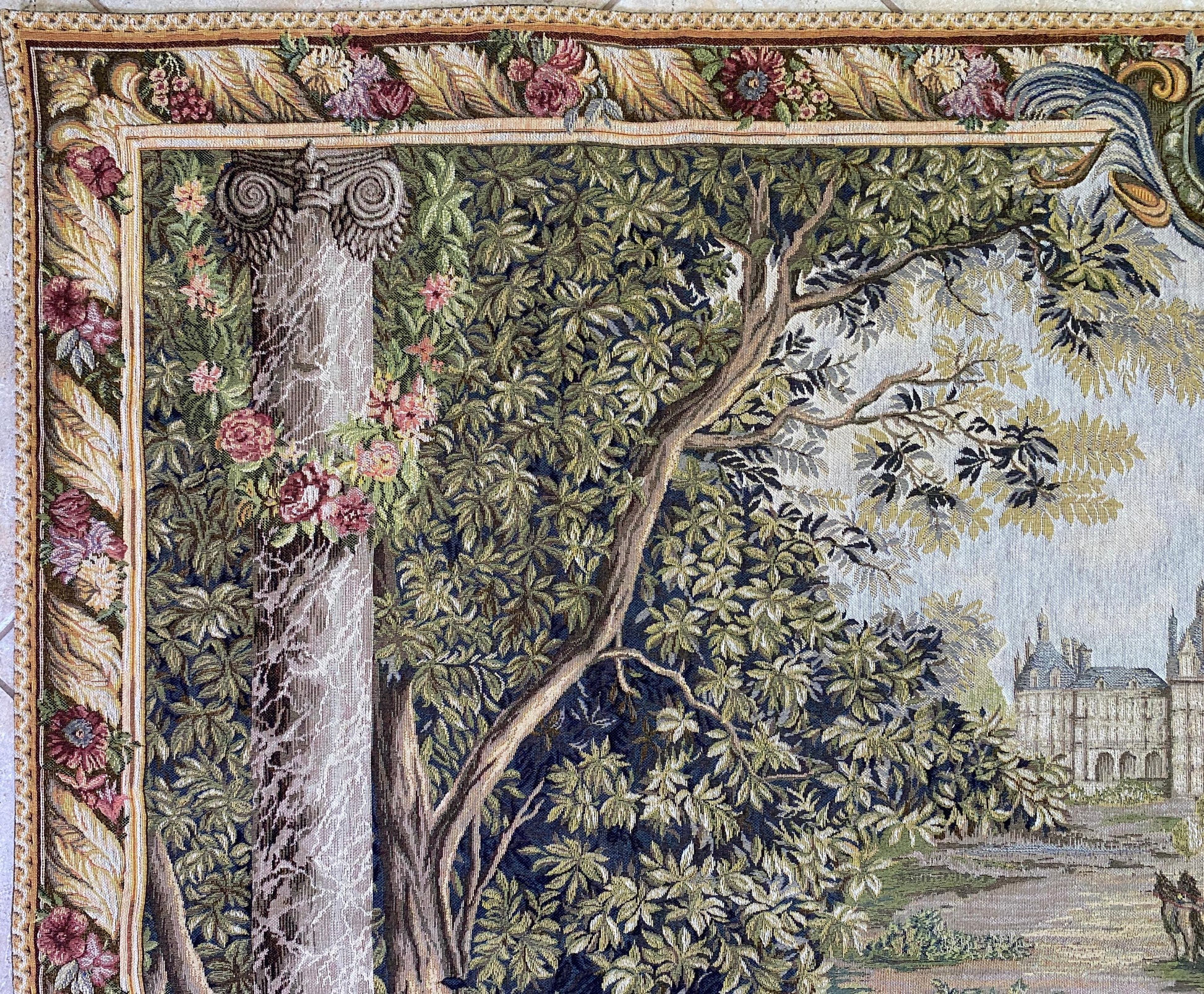 French Château Landscape Jacquard Woven Tapestry with Carriage & Courtly Scene — detail 2
