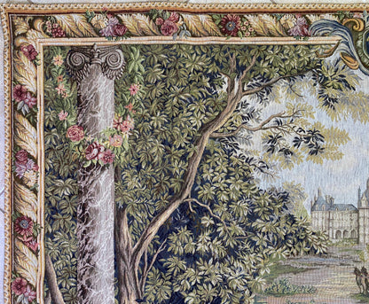 French Château Landscape Jacquard Woven Tapestry with Carriage & Courtly Scene — detail 2
