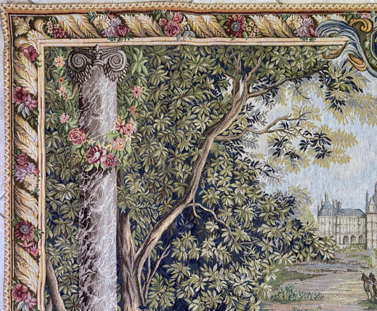 French Château Landscape Jacquard Woven Tapestry with Carriage & Courtly Scene — detail 2