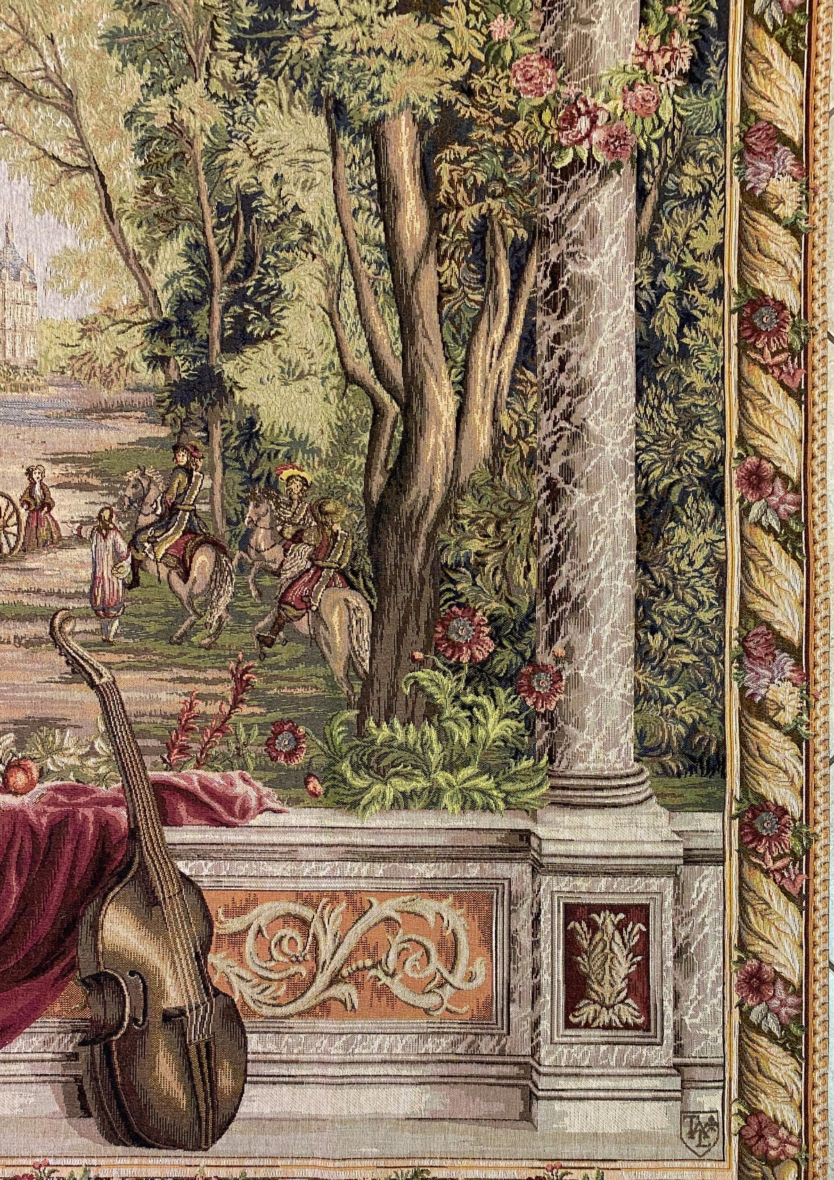 French Château Landscape Jacquard Woven Tapestry with Carriage & Courtly Scene — detail 4