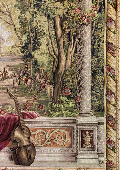 French Château Landscape Jacquard Woven Tapestry with Carriage & Courtly Scene — detail 4