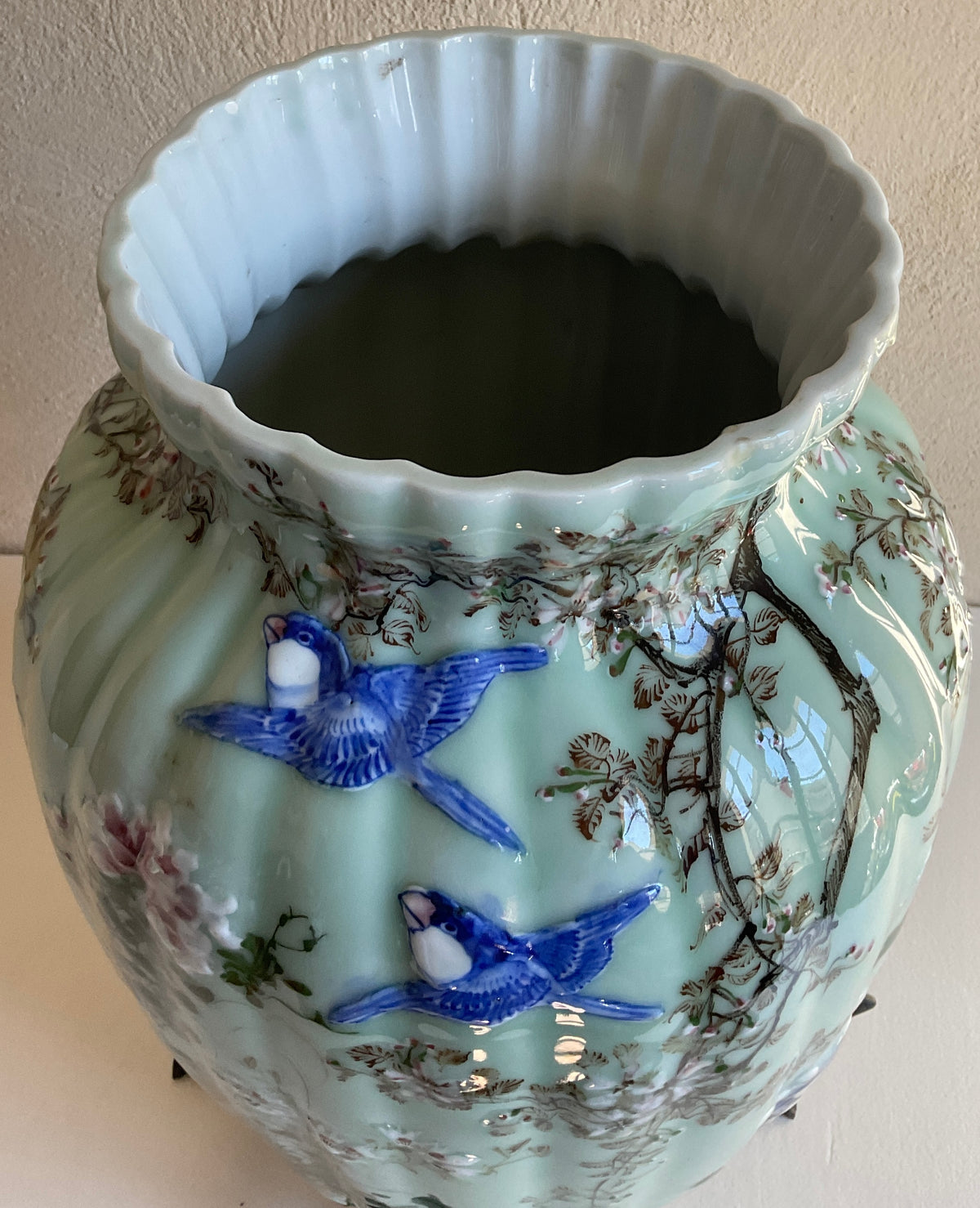 Meiji Period High Relief Porcelain Celadon Vase, circa 1900 — detail 3