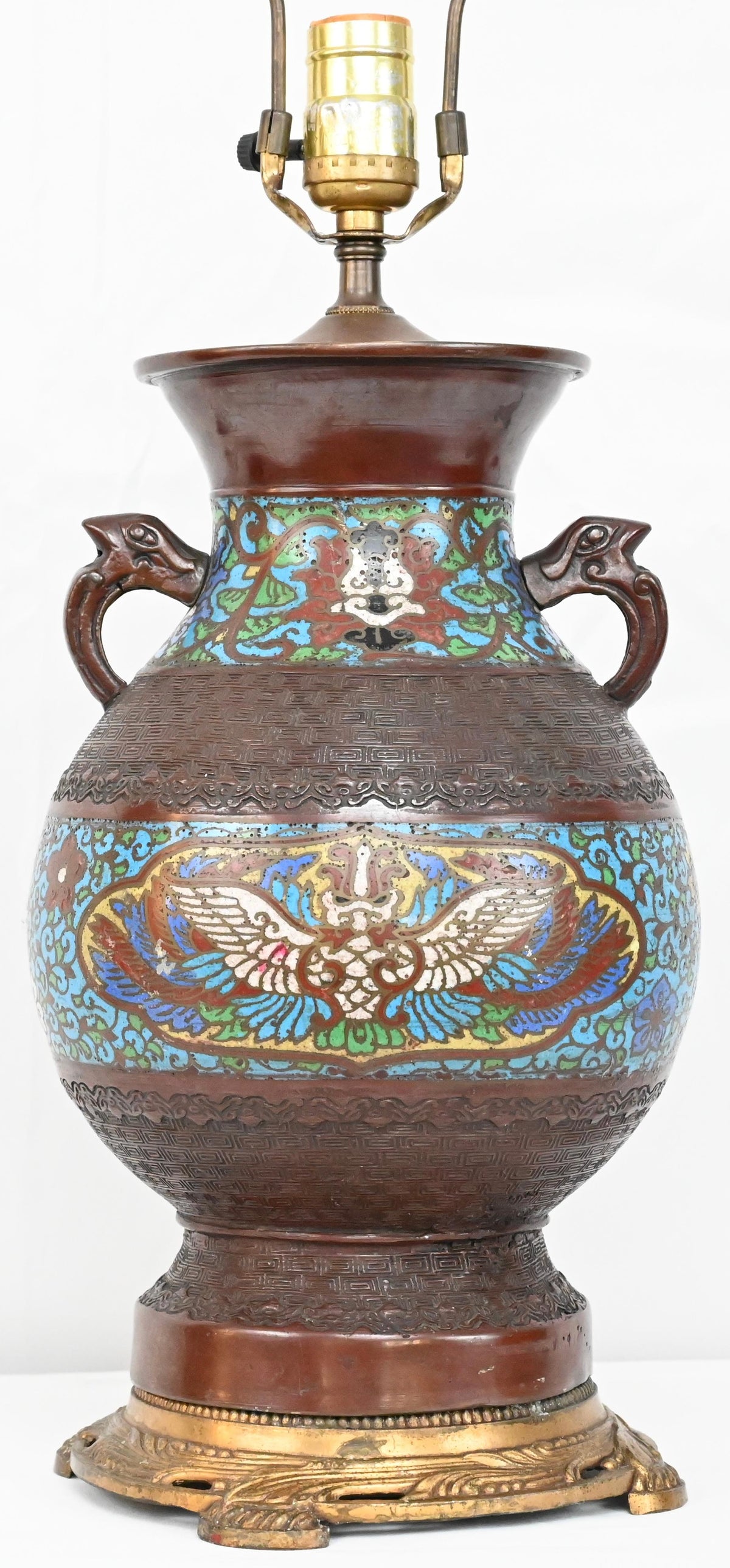 Japanese Cloisonne Table Lamp Mounted on Brass — detail 3