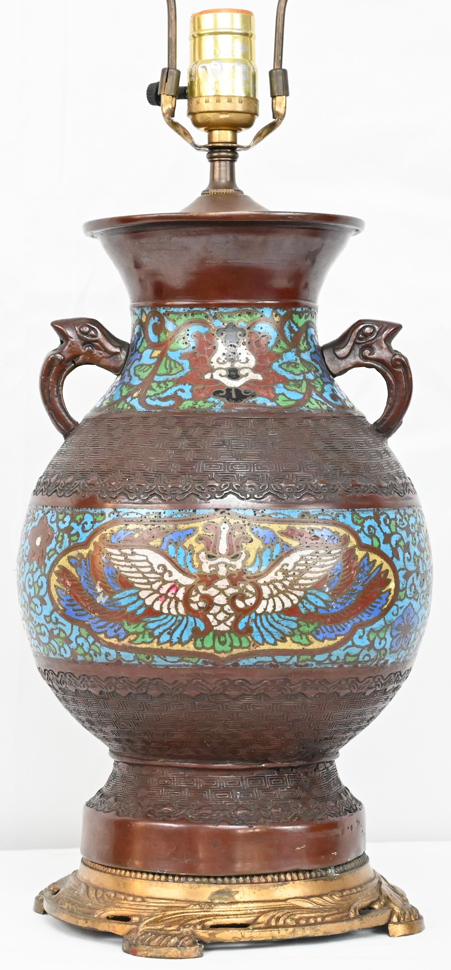 Japanese Cloisonne Table Lamp Mounted on Brass — detail 3