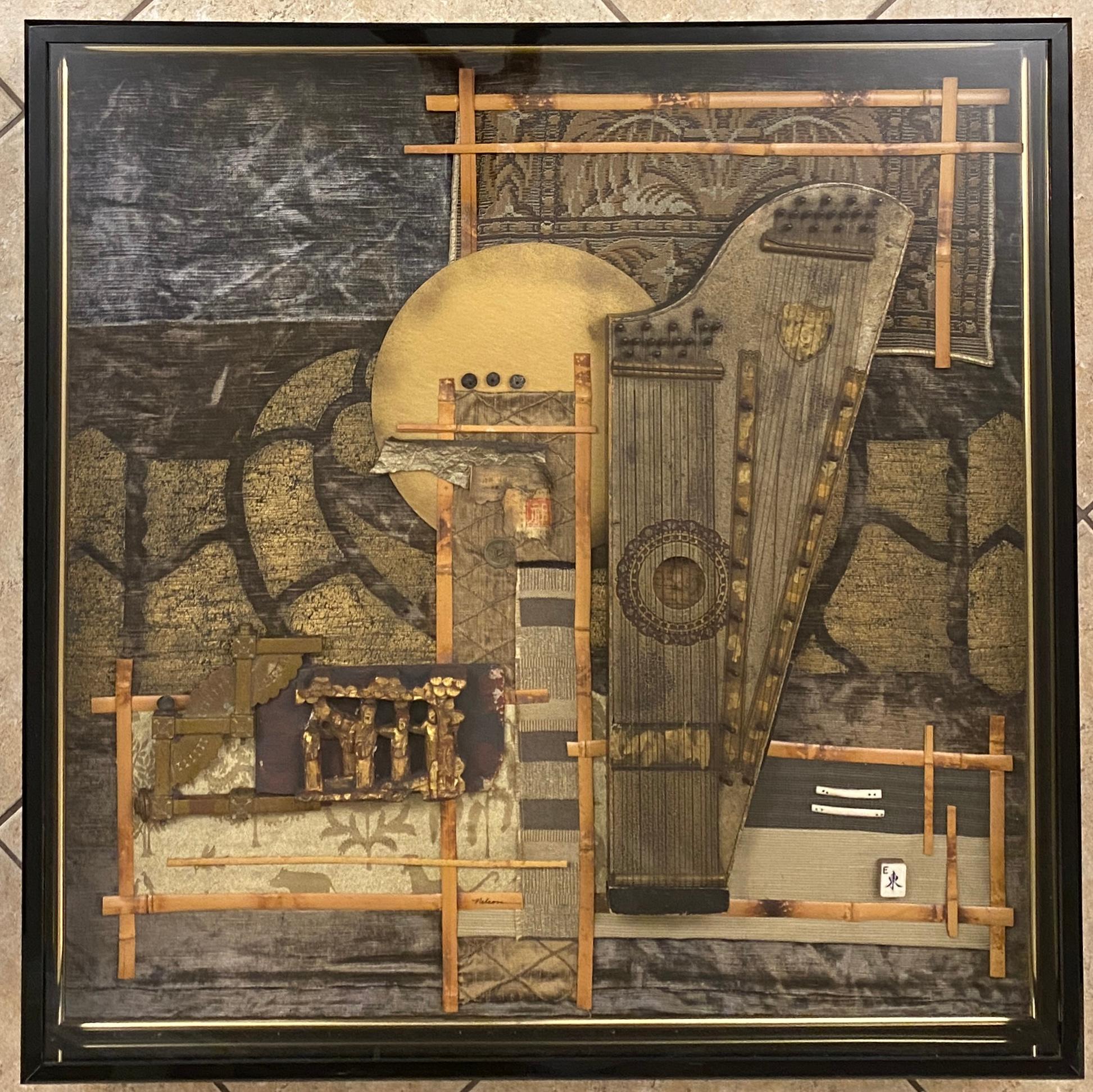 Large Contemporary Japanese Style Mixed Media Collage Wall Art — detail 12