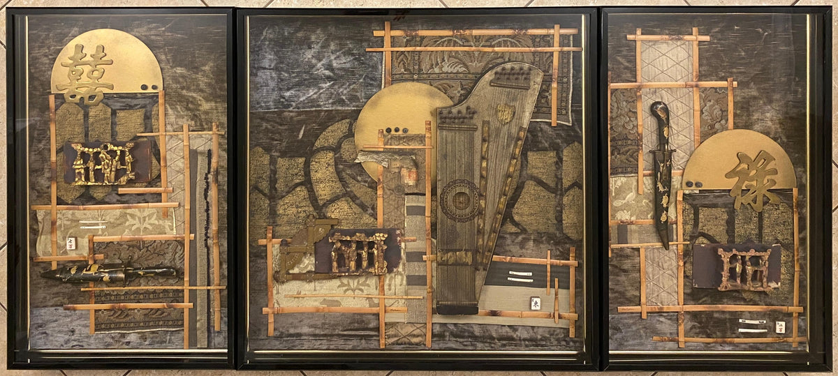 Large Contemporary Japanese Style Mixed Media Collage Wall Art — detail 3