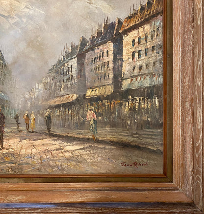 French Oil on Canvas Painting Paris Street Scene by Jean Ribout — detail 3