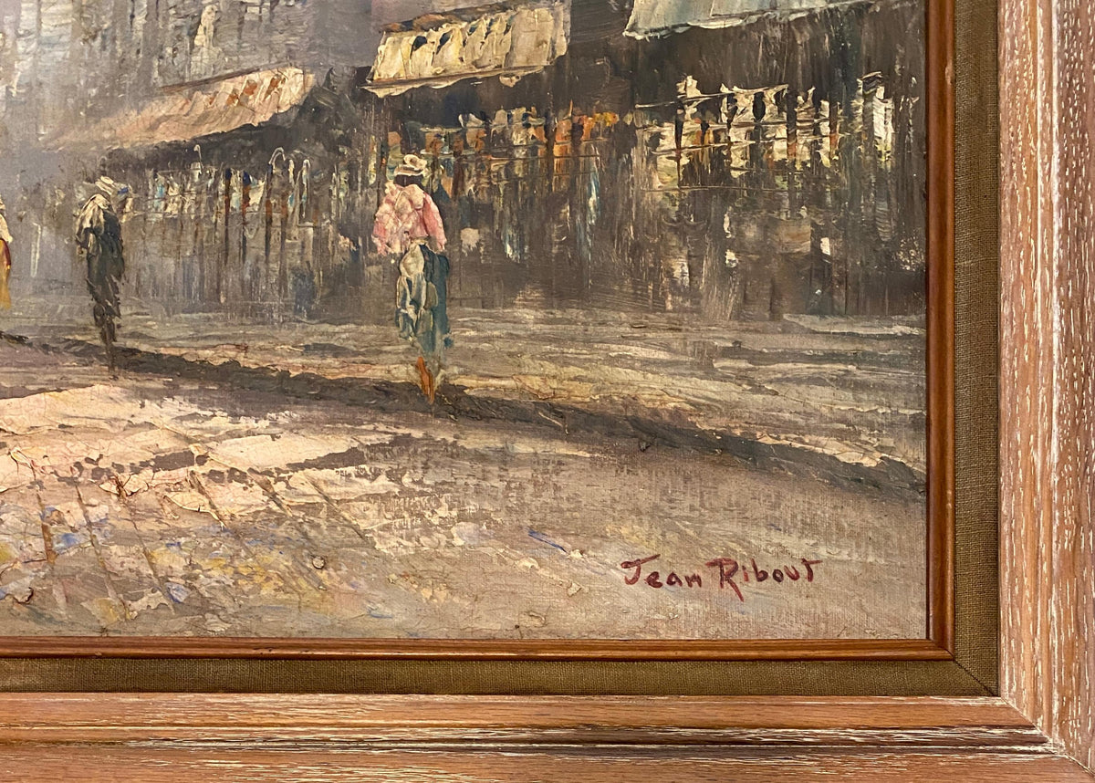 French Oil on Canvas Painting Paris Street Scene by Jean Ribout — detail 4